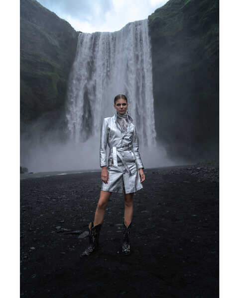Understated Leather Women's Silver Metallic Moondust Trench Coat, Silver, hi-res