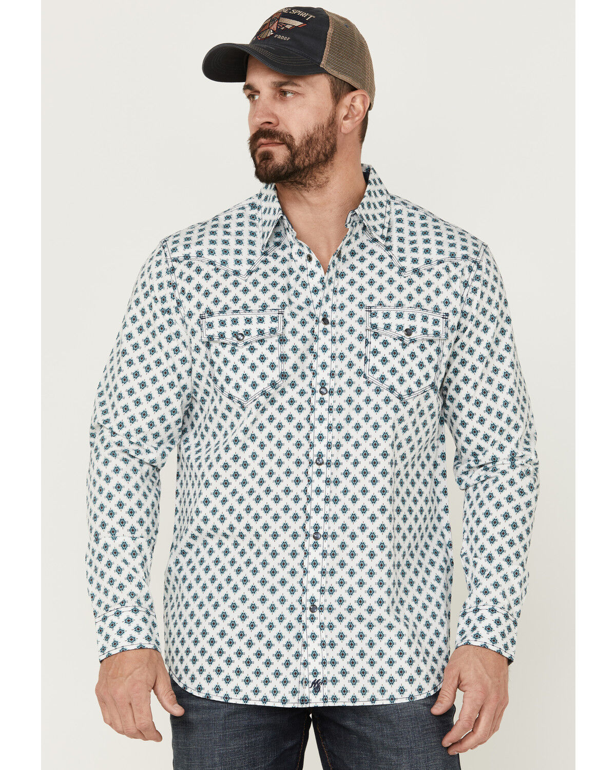 Image #1 - Moonshine Spirit Men's Southwestern Geo Print Long Sleeve Snap Western Shirt, Ivory, hi-res
