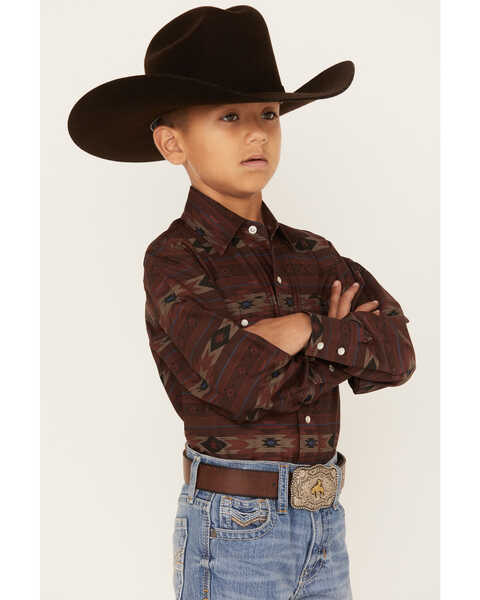 Image #2 - Ely Walker Boys' Southwestern Stripe Long Sleeve Pearl Snap Western Shirt, Burgundy, hi-res