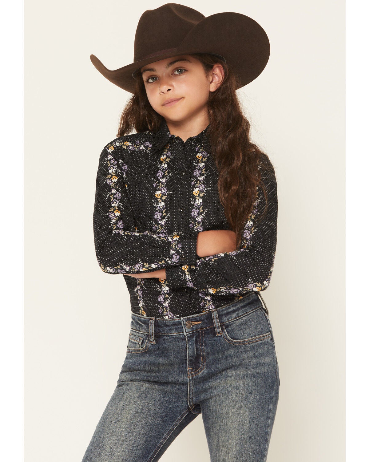 Image #1 - Cruel Girl Girls' Floral Wallpaper Print Long Sleeve Snap Western Shirt, Black, hi-res