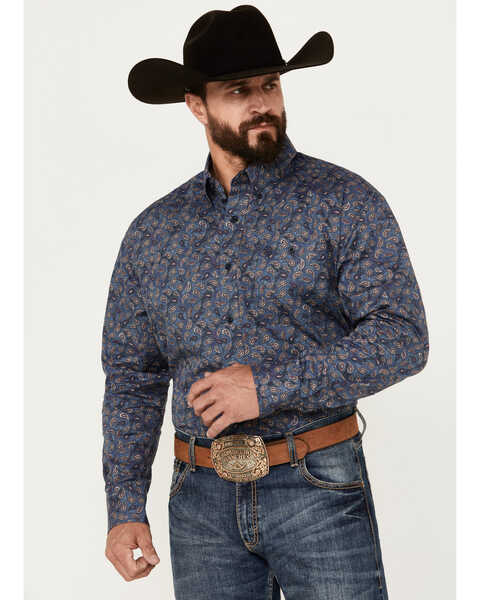 Image #1 - George Strait by Wrangler Men's Paisley Print Long Sleeve Button-Down Western Shirt, Navy, hi-res