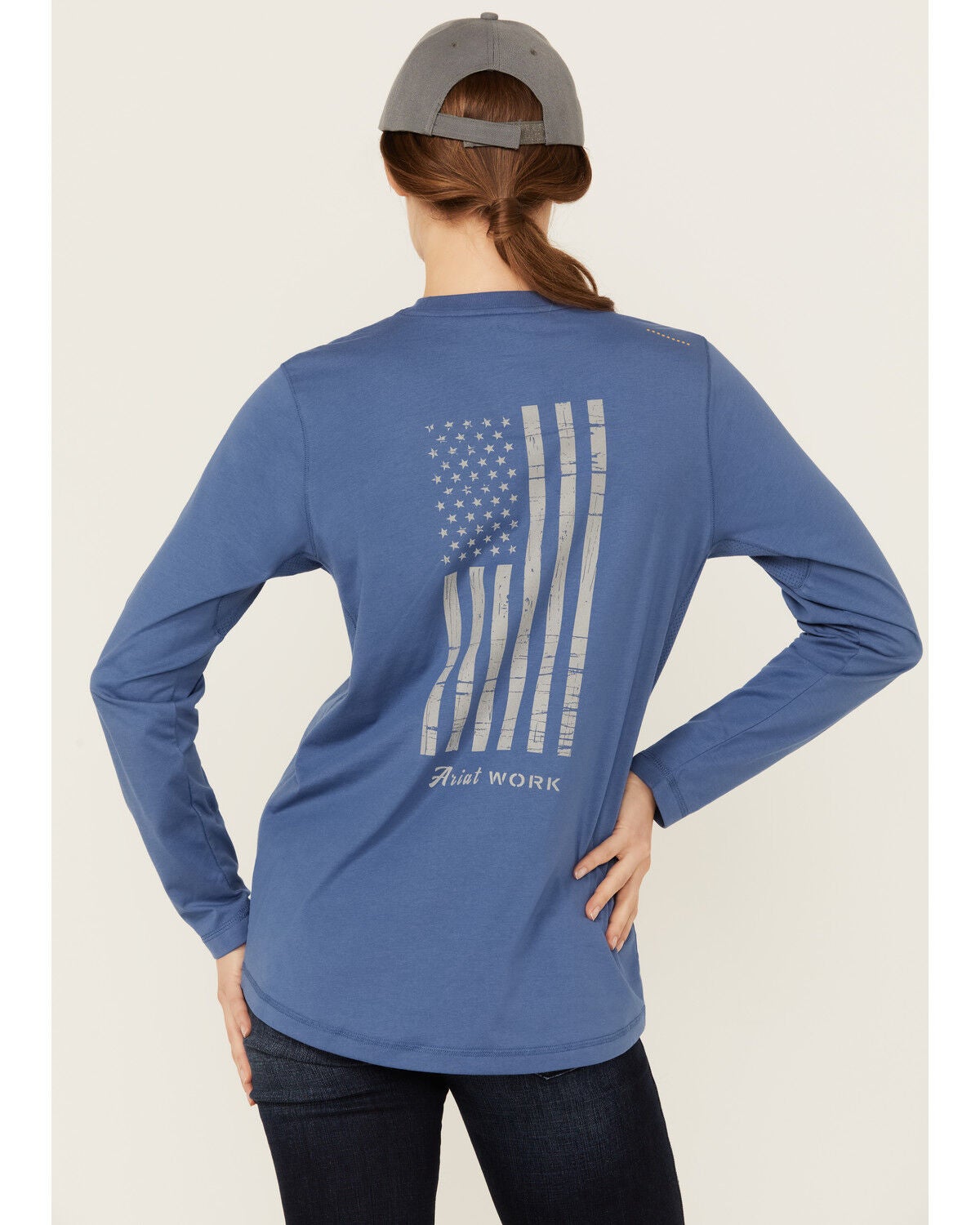 Ariat Women's Rebar Workman Reflective Flag Long Sleeve Tee, Navy, hi-res