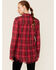 Angie Women's Fray Hem Plaid Print Long Sleeve Shirt, Red, hi-res