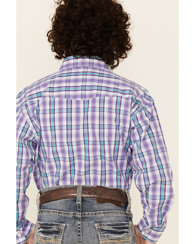 Panhandle Select Boys' Violet Check Plaid Long Sleeve Snap Western Shirt , Violet, hi-res