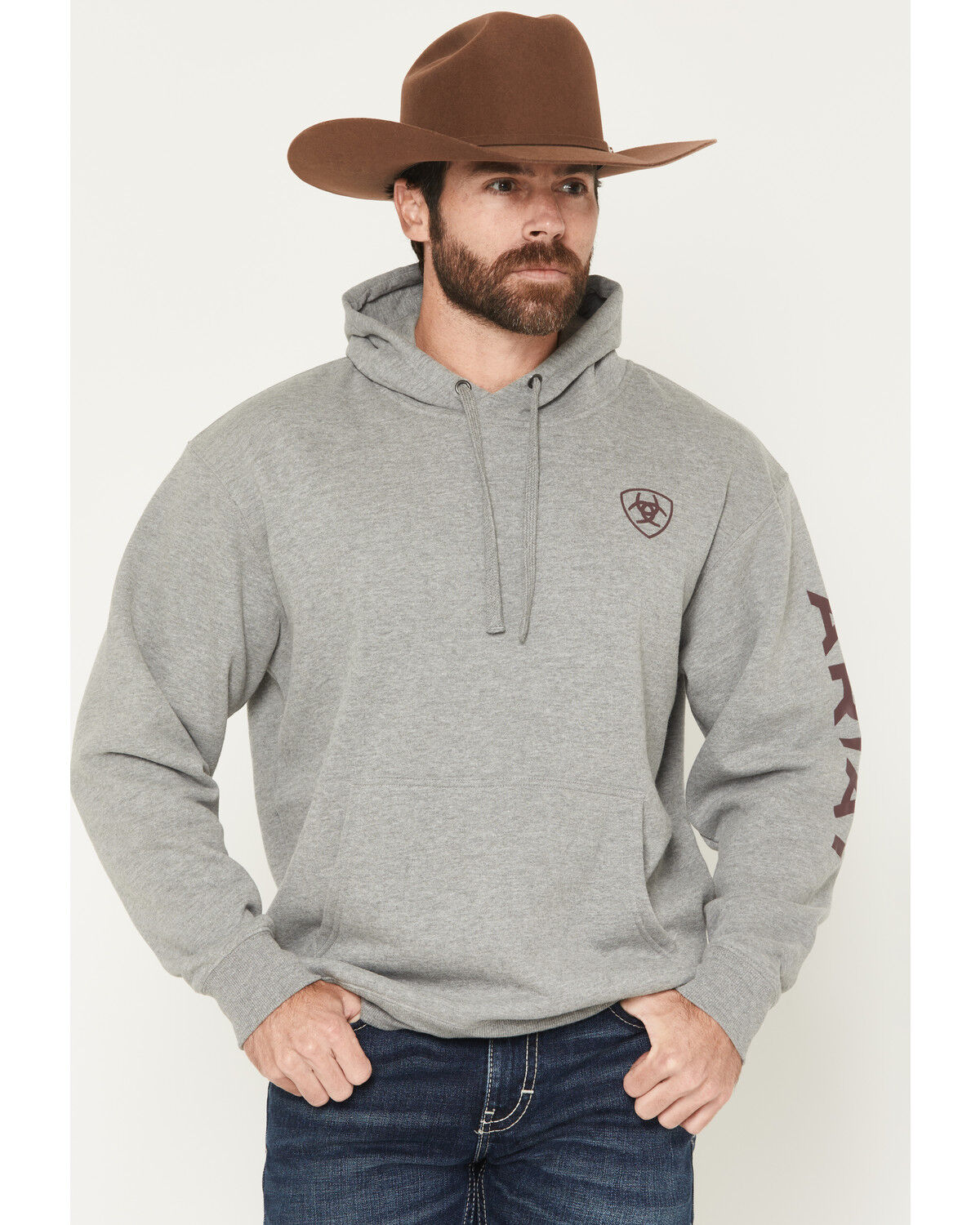 Image #1 - Ariat Men's Logo Graphic Hooded Sweatshirt - Big, Grey, hi-res