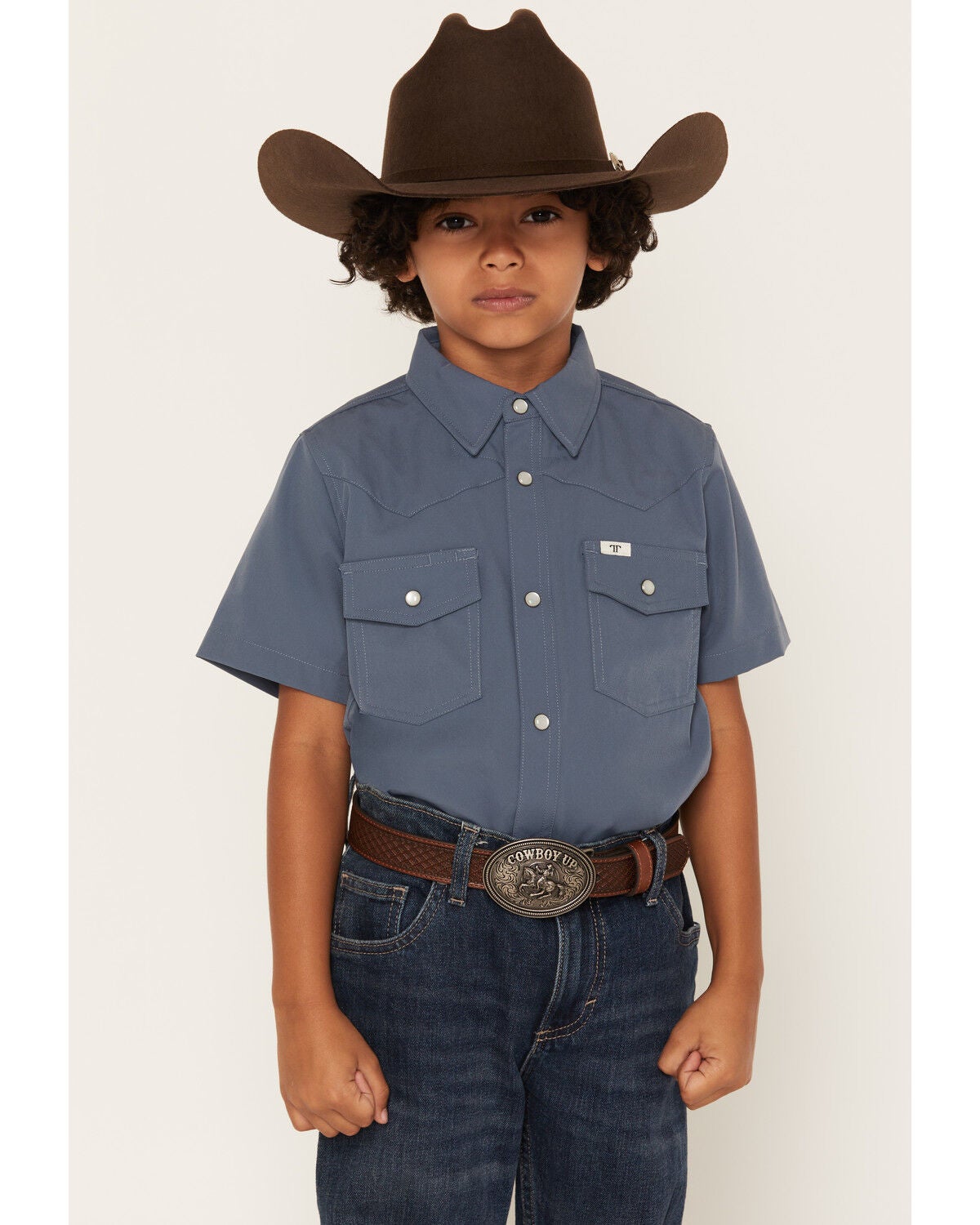 Ferrell Boys' Core Tek Solid Short Sleeve Pearl Snap Performance Western Shirt, Blue, hi-res