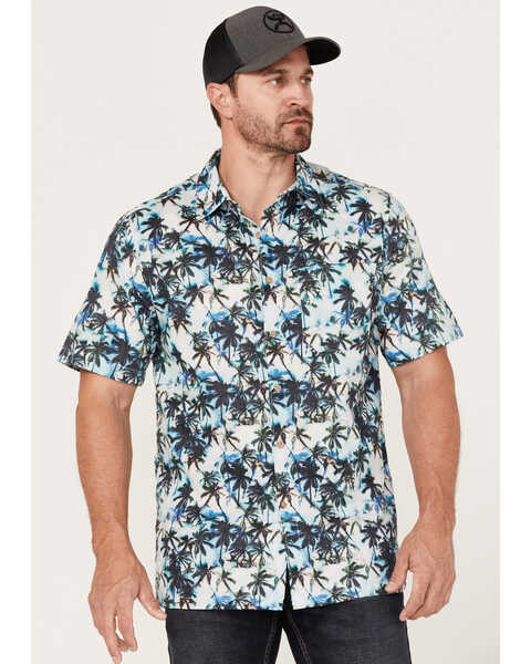 Image #1 - Scully Men's Palm Tree Floral Print Short Sleeve Button Down Western Shirt , White, hi-res