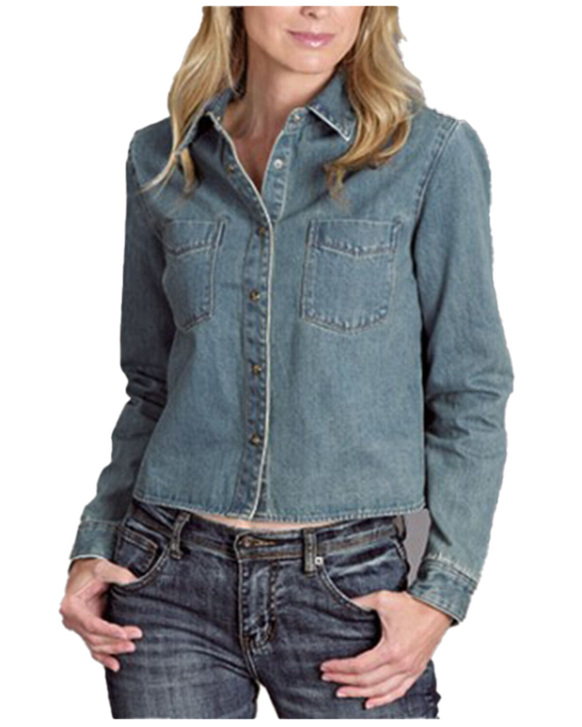 Image #2 - Stetson Women's Light Wash Sprint II Embroidered Long Sleeve Snap Cropped Denim Shirt, Light Wash, hi-res
