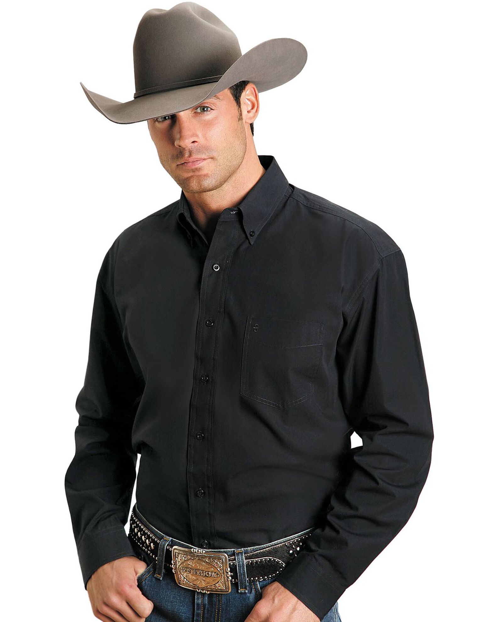 Image #1 - Stetson Men's Solid Button Oxford Long Sleeve Western Shirt, Black, hi-res
