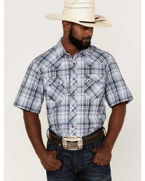 Wrangler Retro Men's Large Plaid Print Short Sleeve Snap Western Shirt , Blue, hi-res