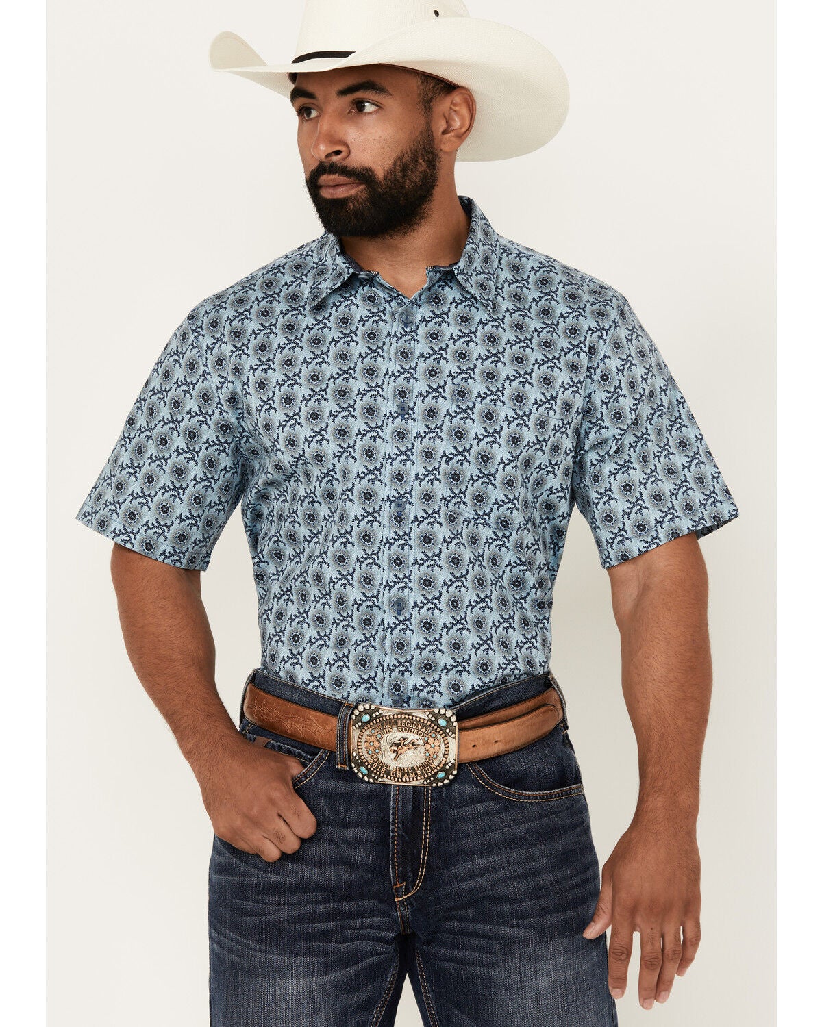 Image #1 - Cody James Men's Sunny Day Floral Medallion Print Short Sleeve Button-Down Stretch Western Shirt, Light Blue, hi-res