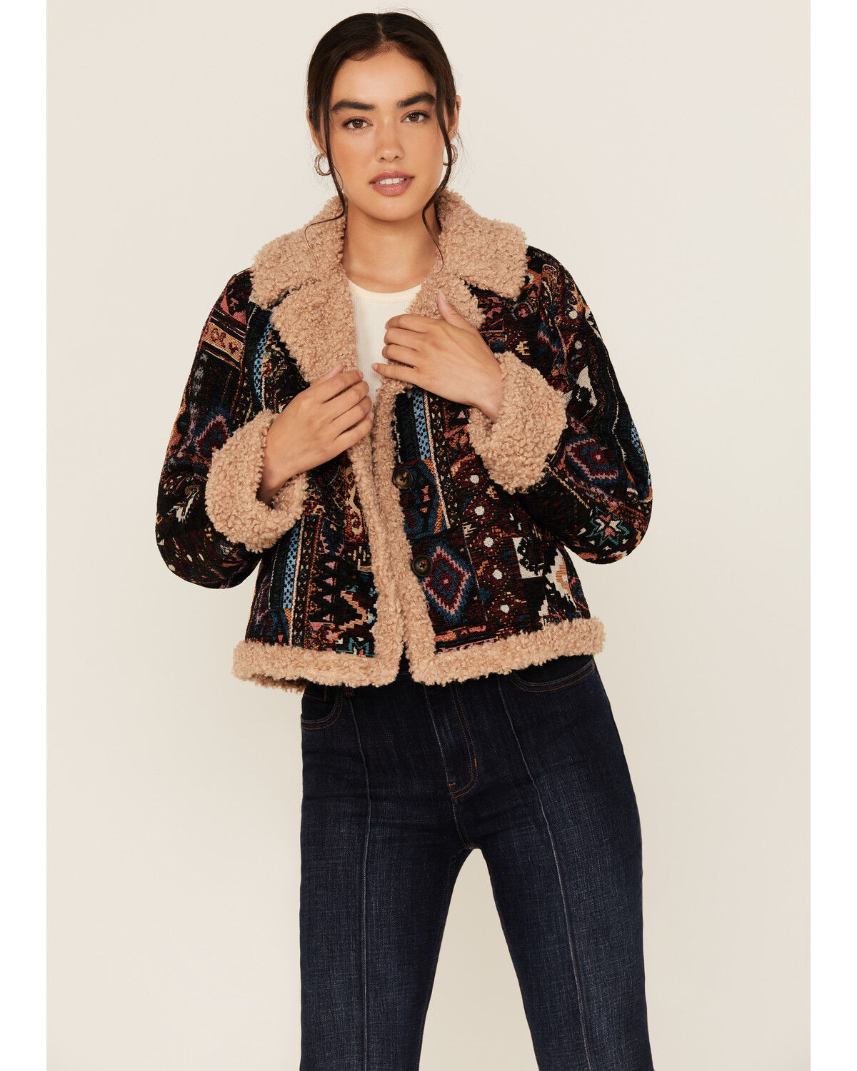 Image #1 - Shyanne Women's Tapestry Sherpa Lined Button-Down Cropped Jacket, Navy, hi-res