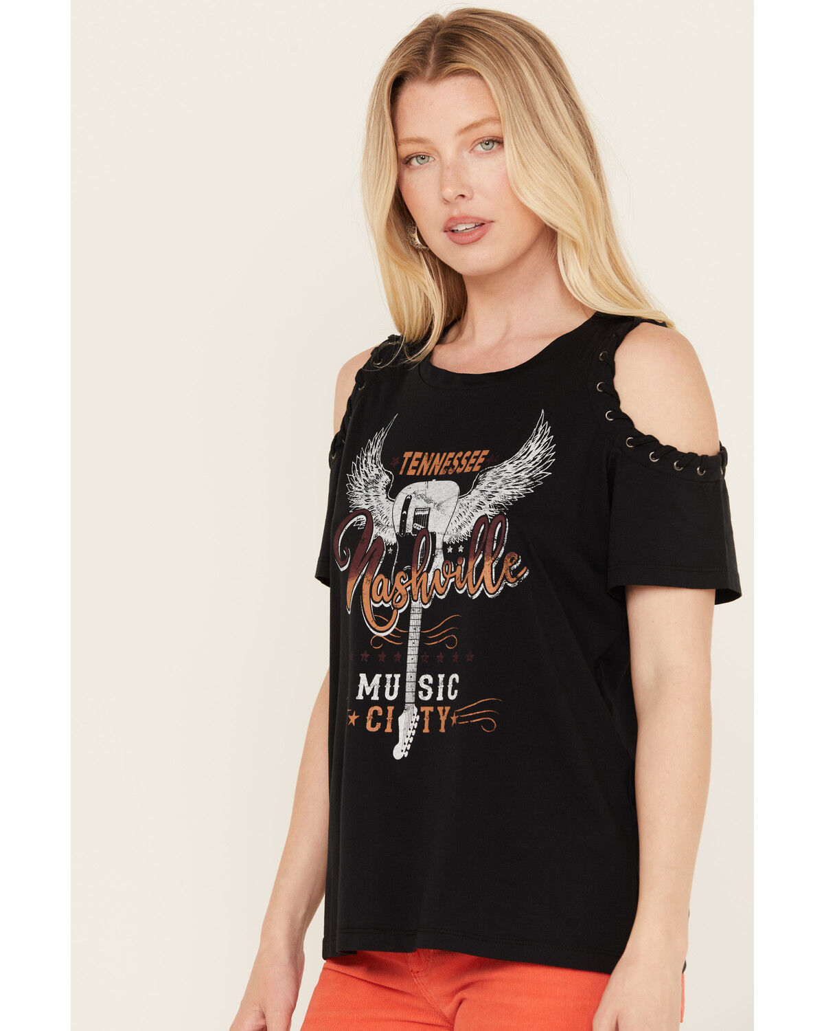 Image #2 - Blended Women's Cold Shoulder Nashville Music City Graphic Tee, Black, hi-res