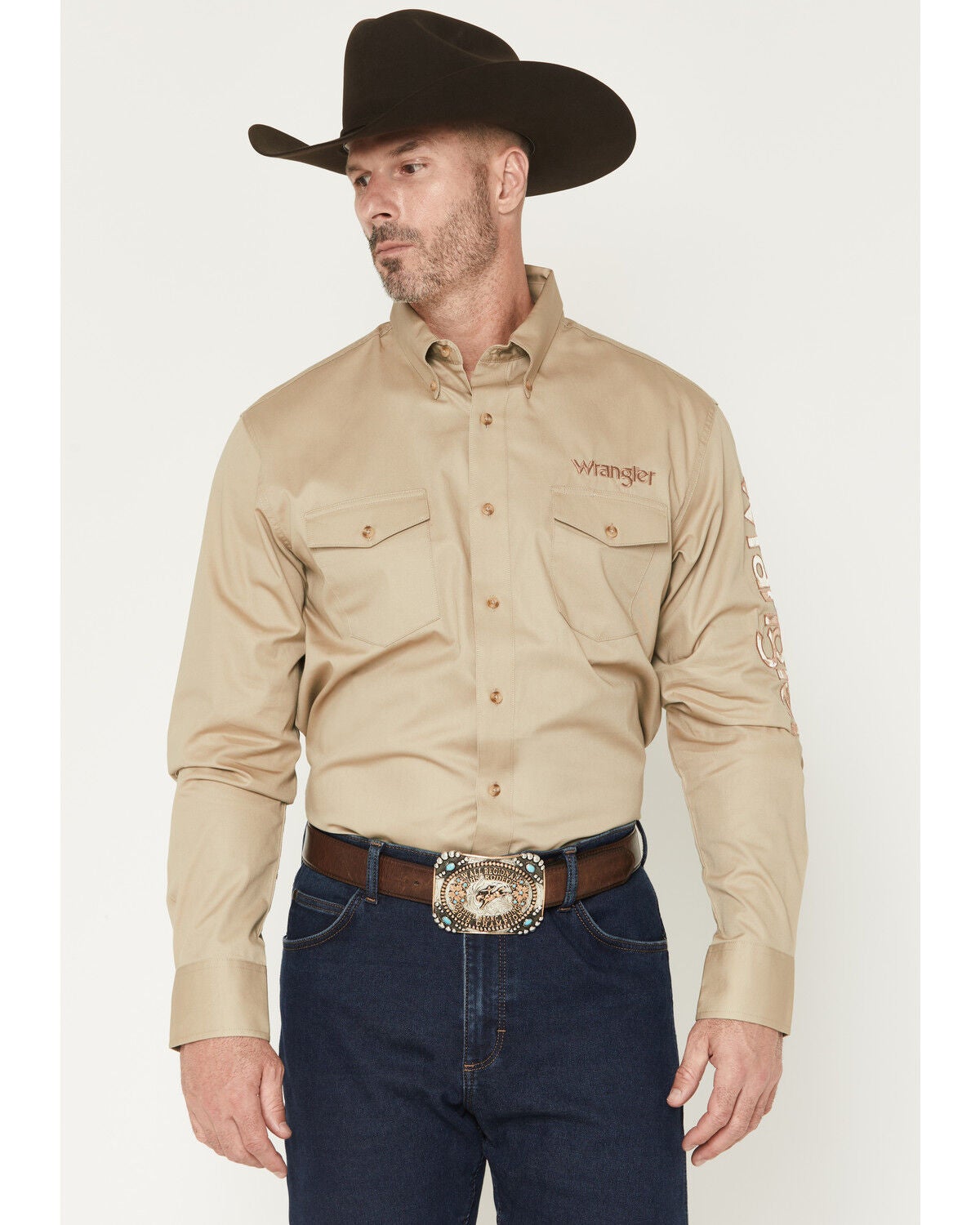 Wrangler Men's Logo Long Sleeve Button-Down Western Shirt, Khaki, hi-res