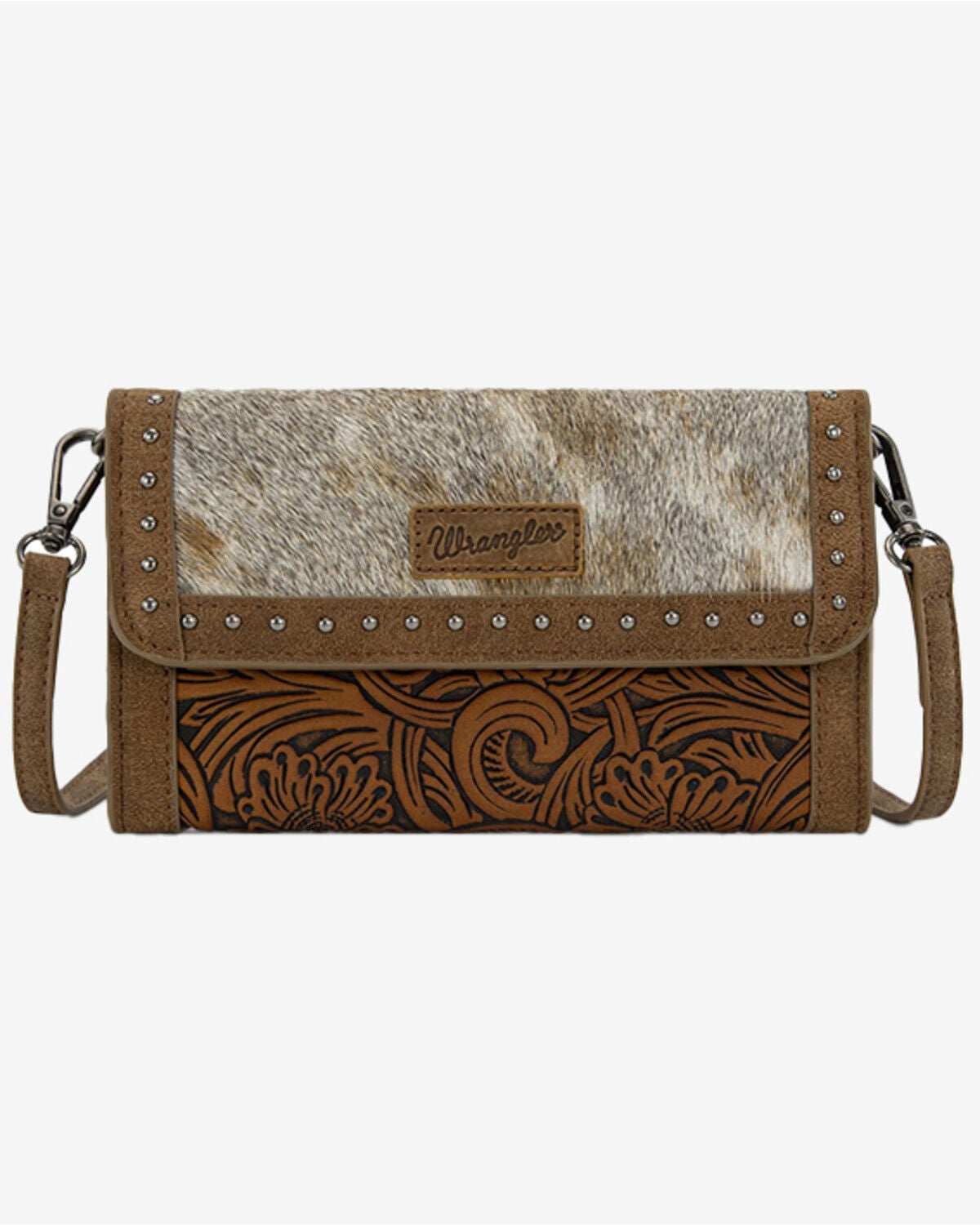 Wrangler Women's Cowhide Embossed Crossbody Wristlet, Brown, hi-res