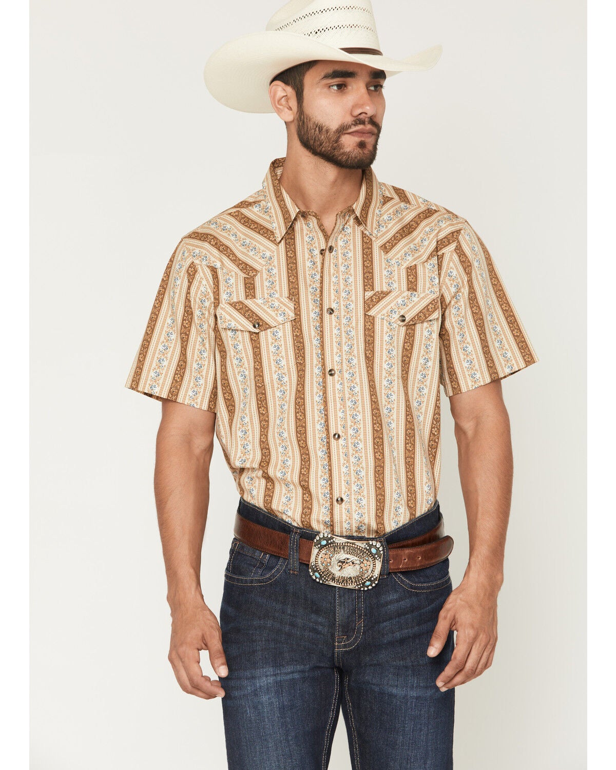 Gibson Trading Co Men's Calico Saloon Floral Striped Short Sleeve Snap Western Shirt, Cream, hi-res