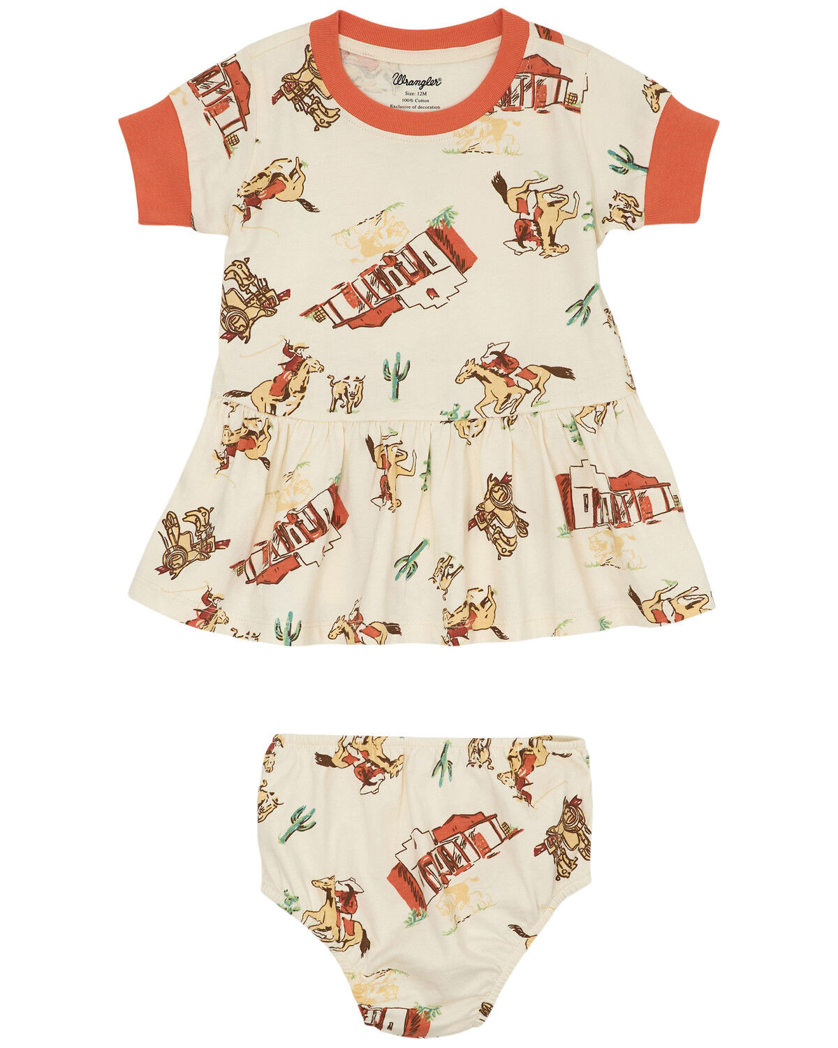 Image #1 - Wrangler Infant Girls' Western Conversation Print Short Sleeve Dress And Diaper Cover - 2 Piece, White, hi-res
