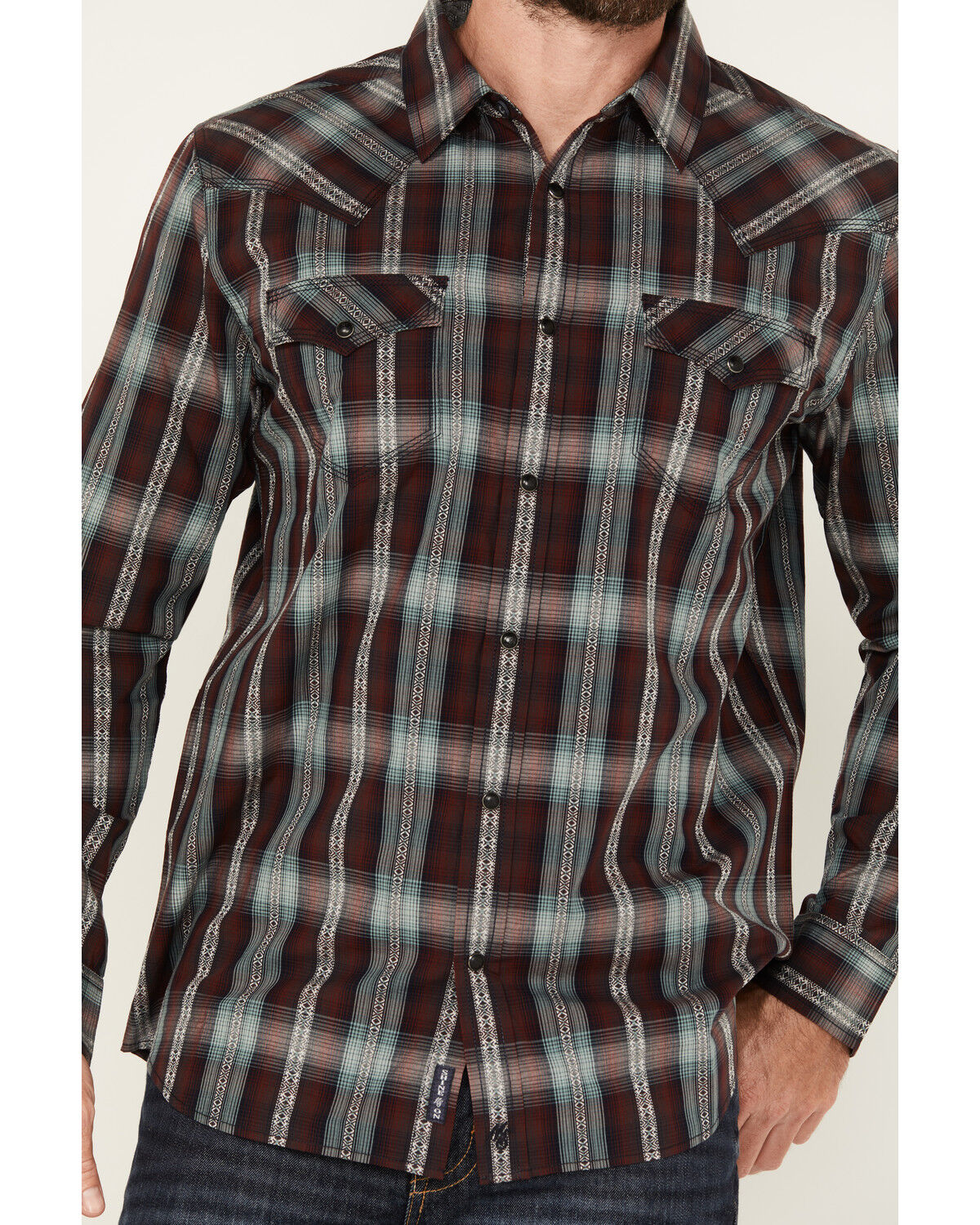 Image #3 - Moonshine Spirit Men's Lone Horn Plaid Print Long Sleeve Snap Western Shirt, Burgundy, hi-res