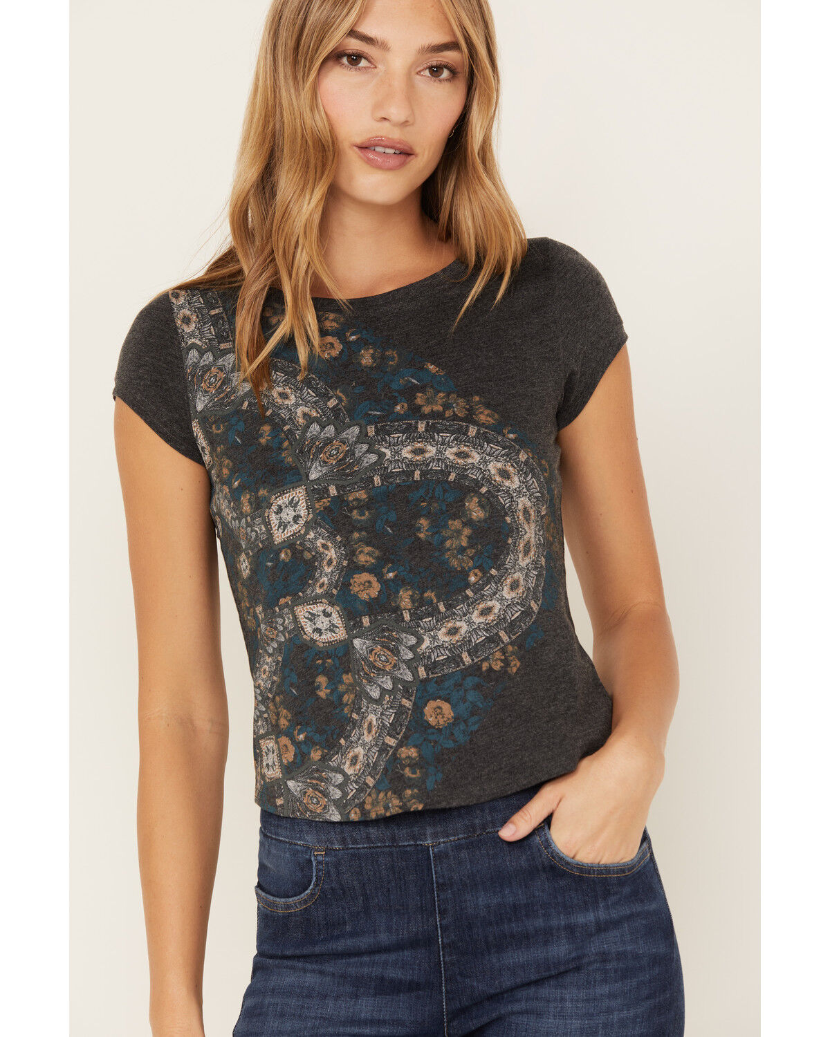 Image #2 - Shyanne Women's Bandana Short Sleeve Graphic Ringer Tee, Charcoal, hi-res