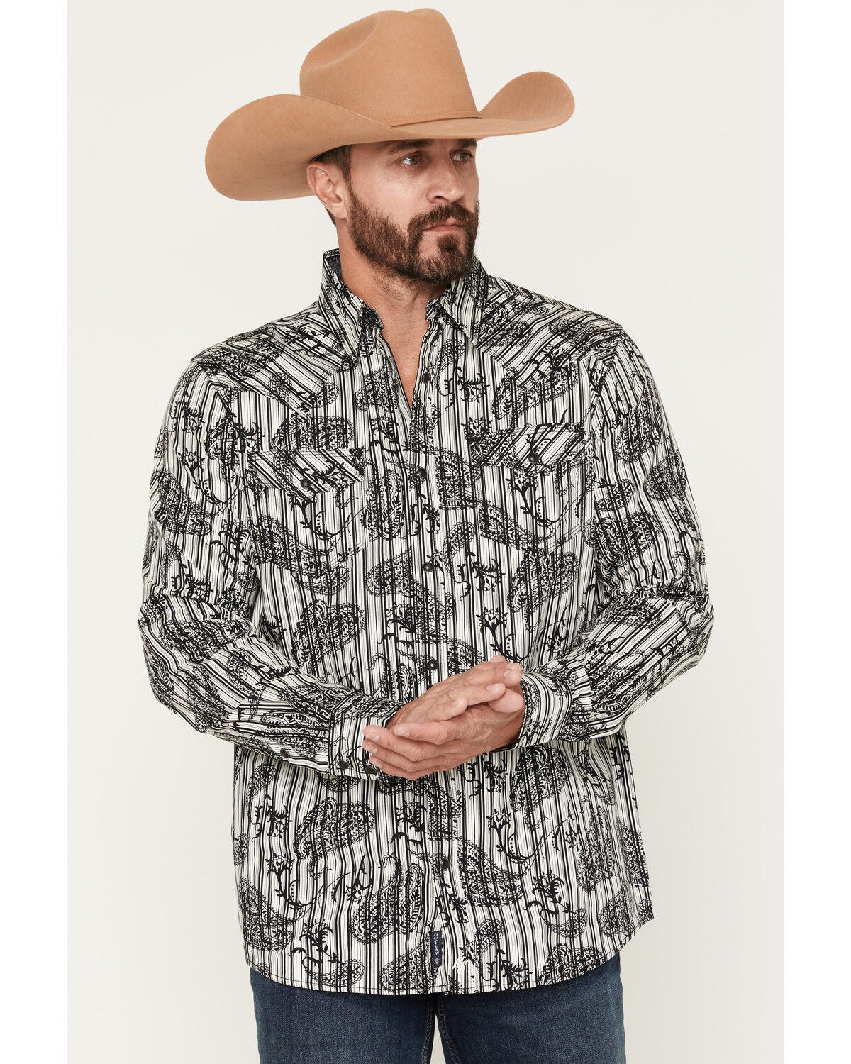 Image #1 - Moonshine Spirit Men's Tap Room Paisley Print Long Sleeve Snap Western Shirt, Cream, hi-res