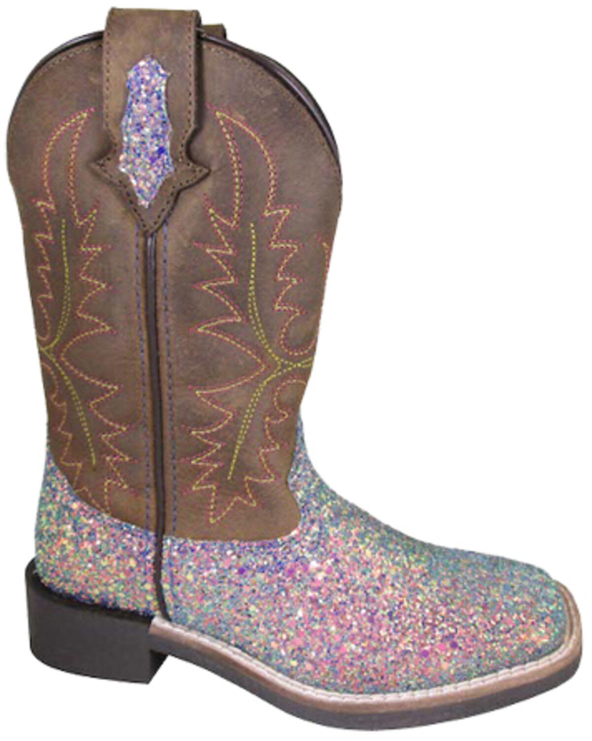 Youth Western Boot Ariel Series Leather Shaft & Tricot Lining TPR Sole & Block Heel Smoky Mountain Boots Square Toe Leather Man-Made Trim Glitter Foot 