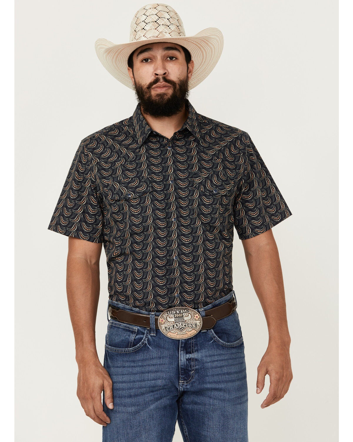 Gibson Men's Disco Ball Geo Print Short Sleeve Snap Western Shirt, Navy, hi-res