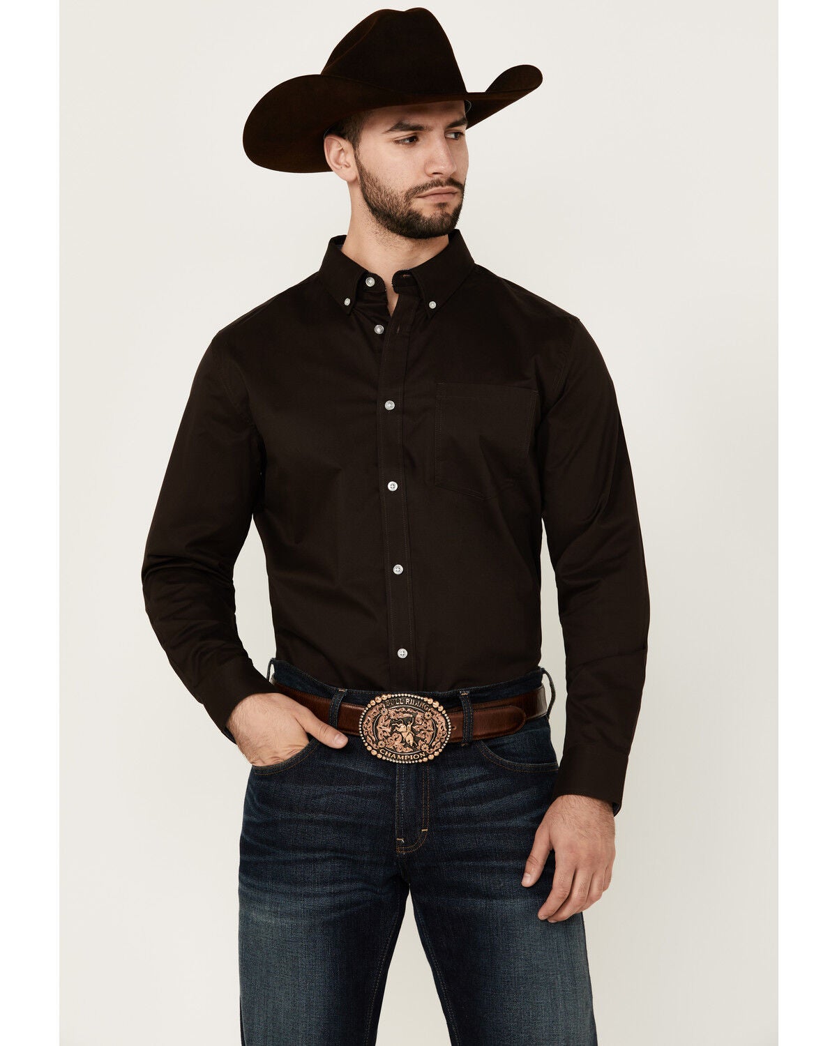 Cody James Men's Basic Solid Long Sleeve Button-Down Stretch Western Shirt - Tall, Brown, hi-res