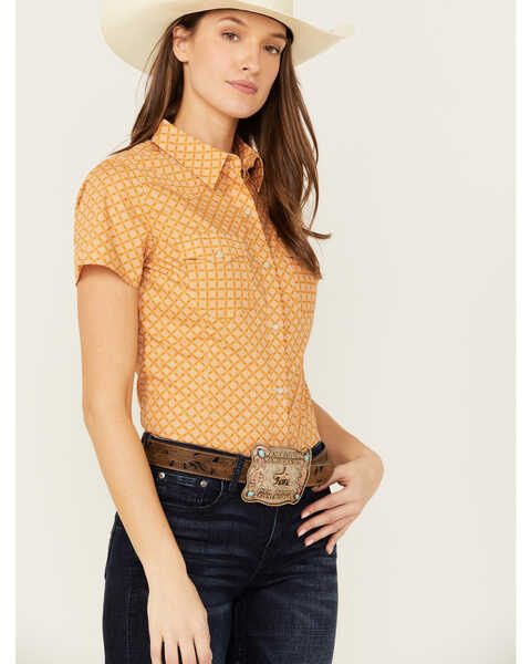 Image #2 - Wrangler Retro Women's Geo Print Short Sleeve Western Shirt , Rust Copper, hi-res