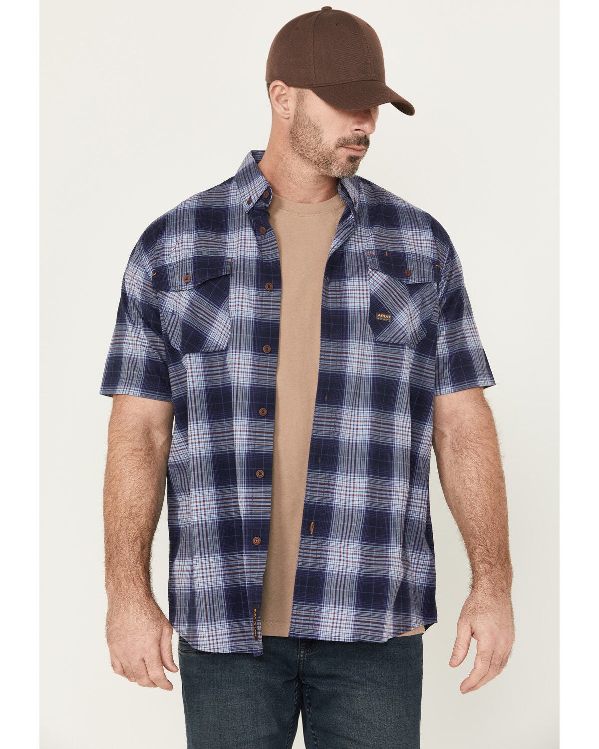 Ariat Men's Rebar Made Tough Short Sleeve Button-Down Stretch Work Shirt, Indigo, hi-res