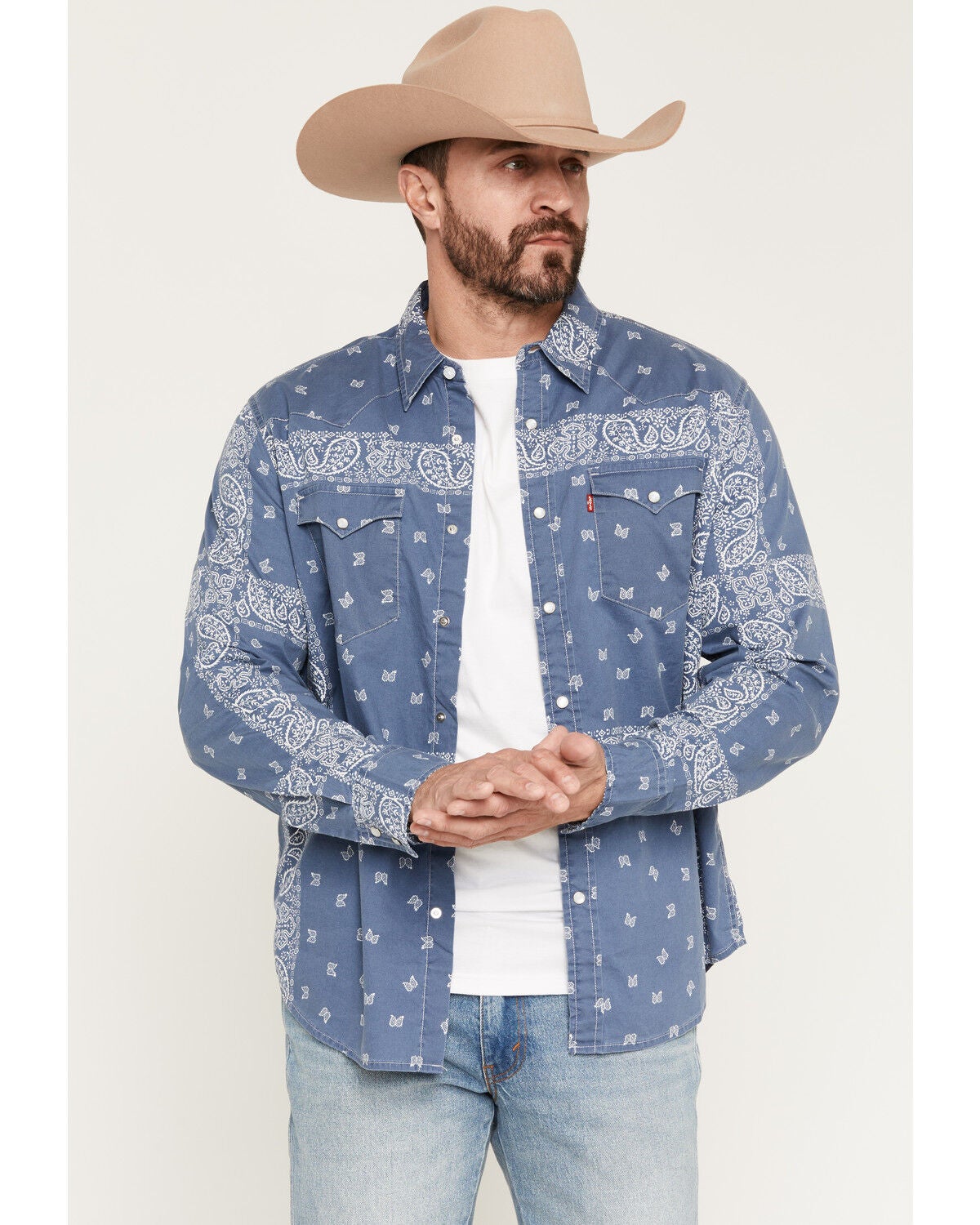 Image #1 - Levi's Men's Azad Paisley Print Long Sleeve Pearl Snap Western Shirt, Medium Blue, hi-res