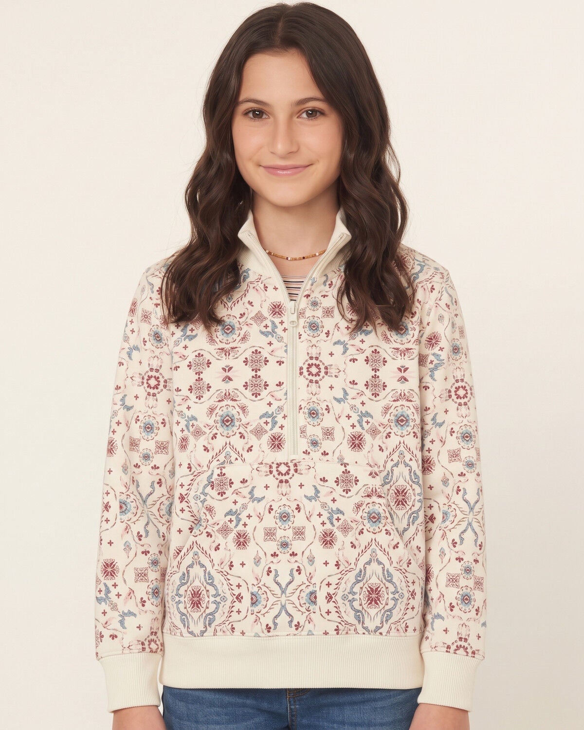 Image #1 - Shyanne Girls' Tapestry Print 1/2 Zip Pullover, Natural, hi-res