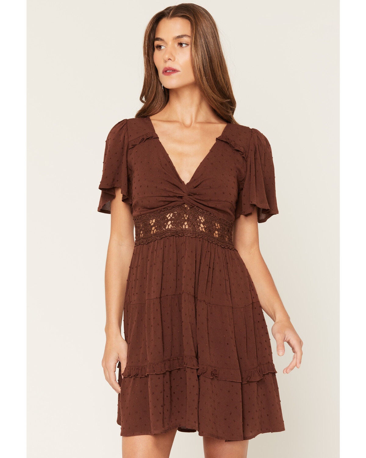 Image #1 - Wild Moss Women's Crochet Inset Mini Dress, Brown, hi-res
