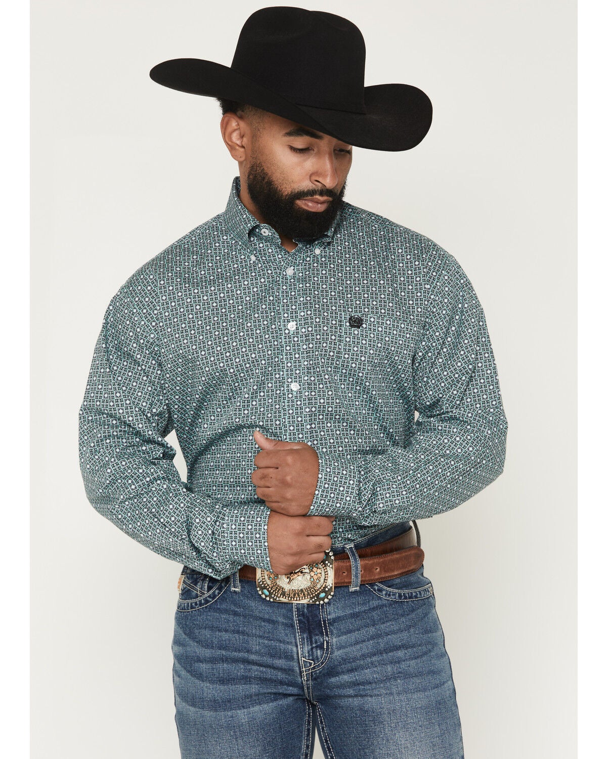 Image #1 - Cinch Men's Geo Print Long Sleeve Button-Down Western Shirt, Green, hi-res