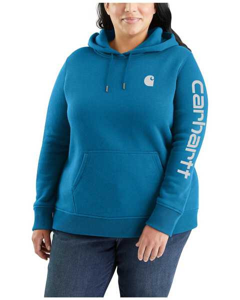 Image #1 - Carhartt Women's Relaxed Fit Midweight Logo Graphic Hoodie - Plus , Blue, hi-res