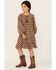 Hayden Girls' Gingham Plaid Print Long Puff Sleeve Dress , Brown, hi-res