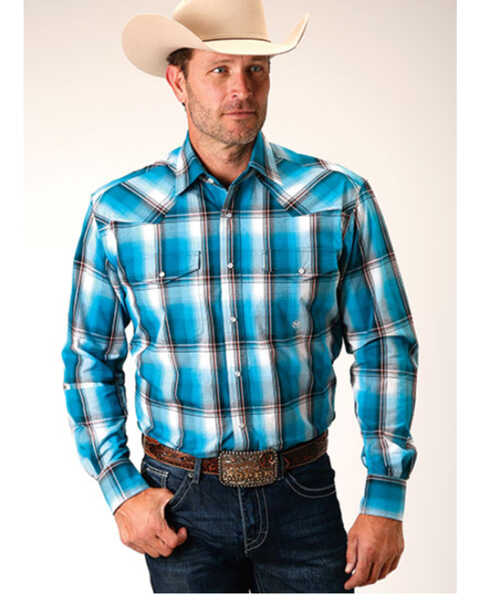 Roper Men's Amarillo Plaid Print Long Sleeve Western Snap Shirt, Bright Blue, hi-res