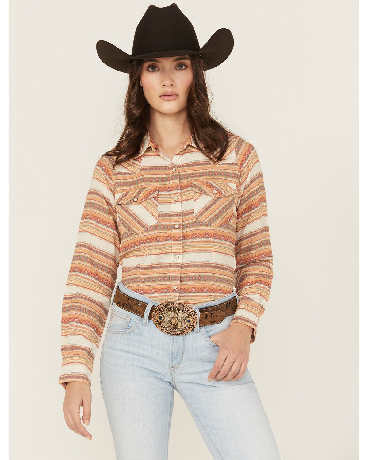 Panhandle Women's Striped Print Long Sleeve Snap Western Shirt, Cream, hi-res