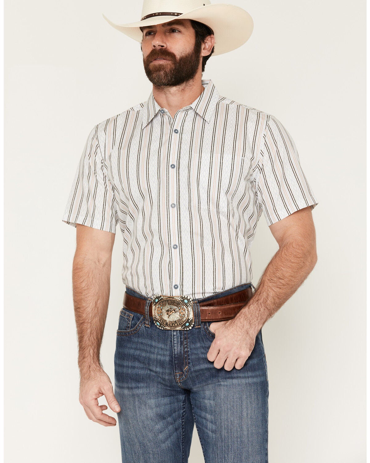 Image #1 - Gibson Trading Co Men's Walter White Geo Print Short Sleeve Button-Down Western Shirt, Light Blue, hi-res