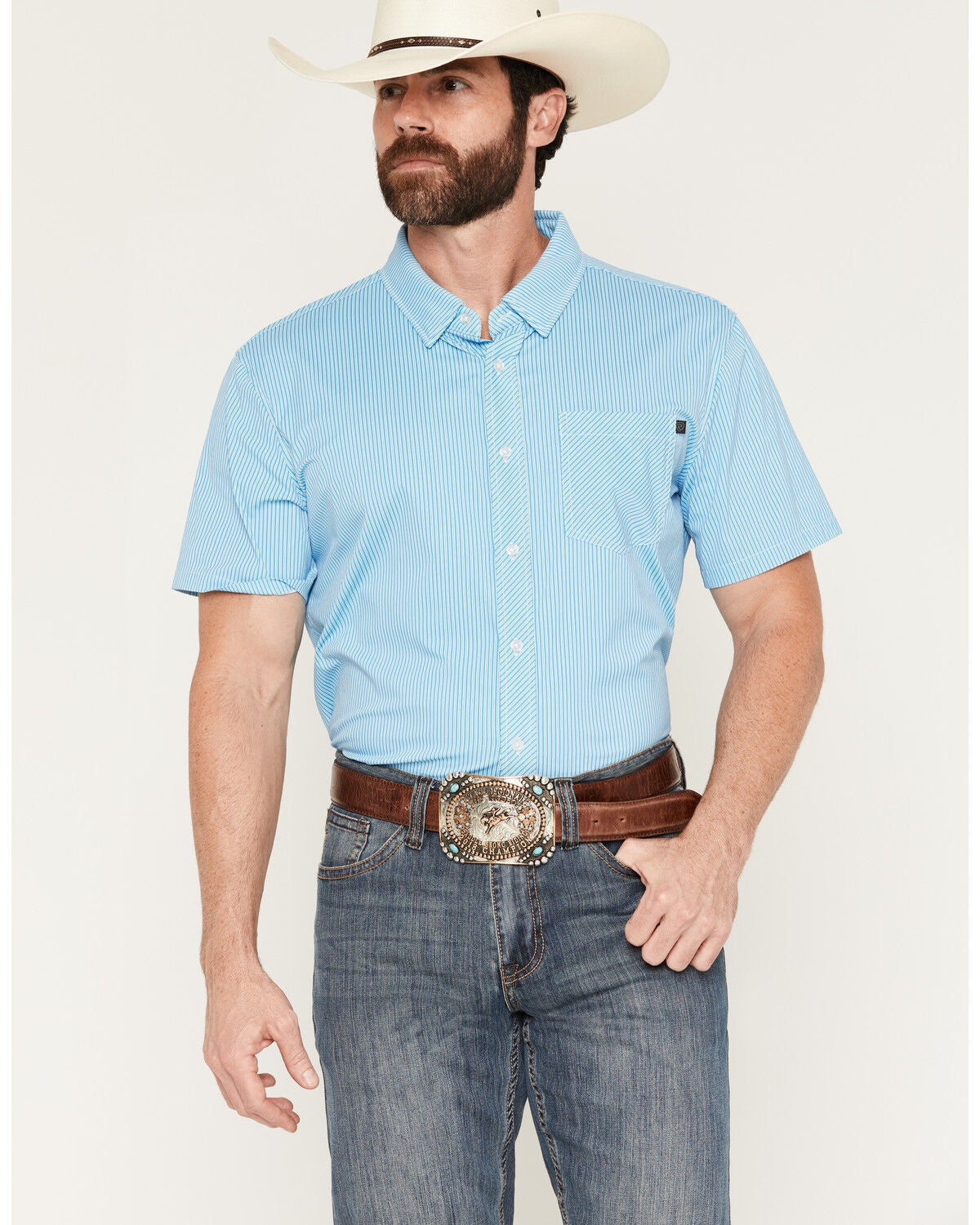 Rock & Roll Denim Men's Tek Core tripe Print Short Sleeve Button-Down Stretch Western Shirt, Blue, hi-res