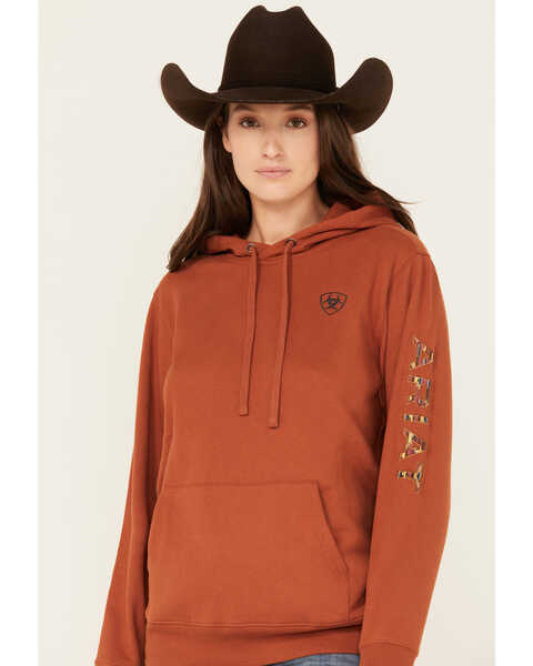Image #1 - Ariat Women's Southwestern Print Embroidered Logo Hoodie , Rust Copper, hi-res