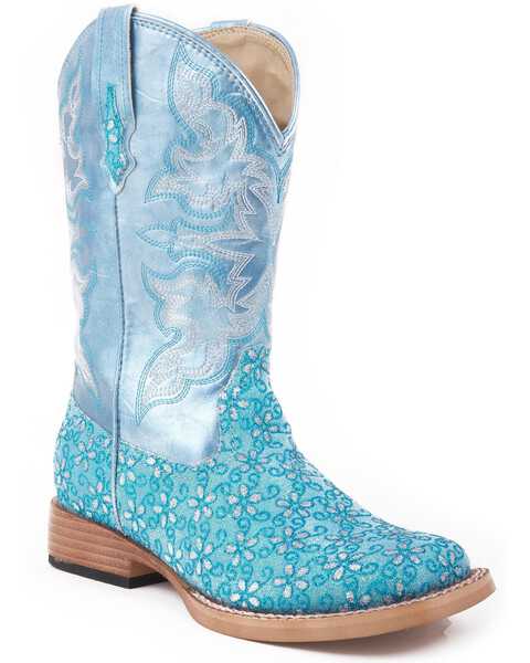 Roper Girls' Floral Glitter Western Boots - Square Toe, Blue, hi-res