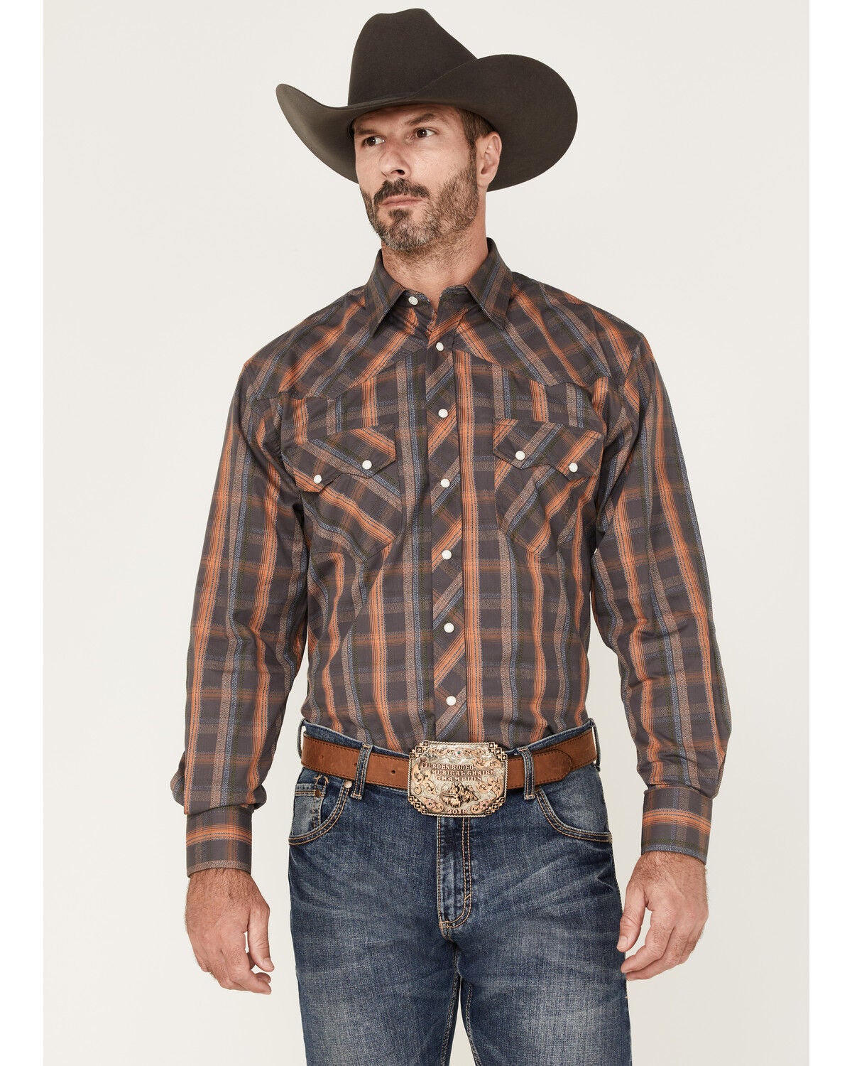 Resistol Men's Reid Plaid Print Long Sleeve Snap Western Shirt, Dark Grey, hi-res