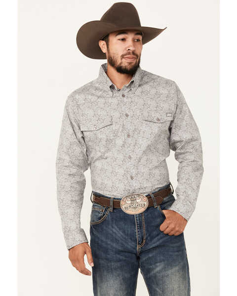 Image #1 - Justin Men's Boot Barn Exclusive Paisley Print Long Sleeve Button-Down Stretch Western Shirt, Grey, hi-res