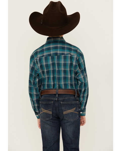 Image #4 - Panhandle Select Boys' Plaid Print Long Sleeve Pearl Snap Western Shirt, Teal, hi-res