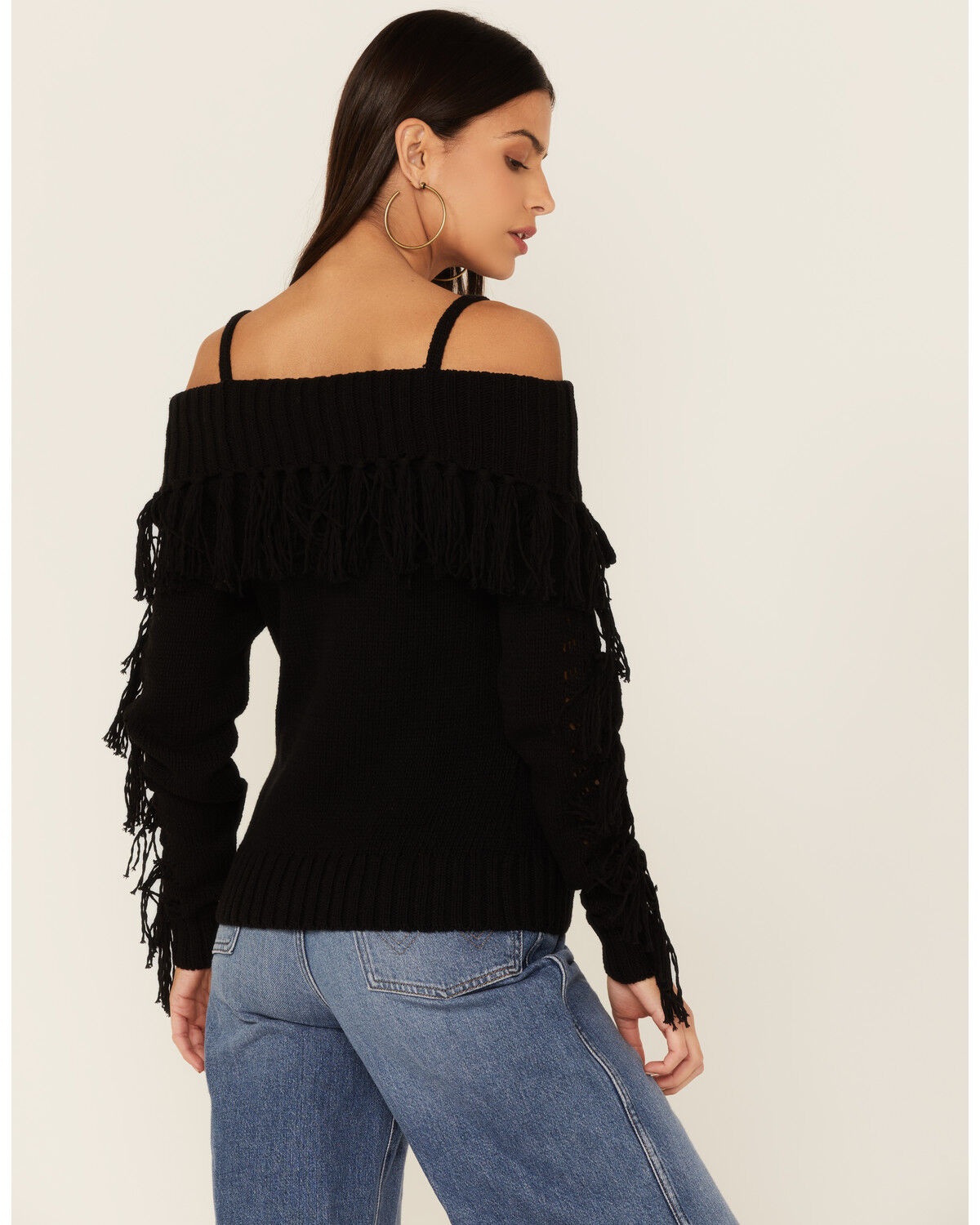 Image #4 - Shyanne Women's Black Off-Shoulder Fringe Long Sleeve Knit Sweater, , hi-res