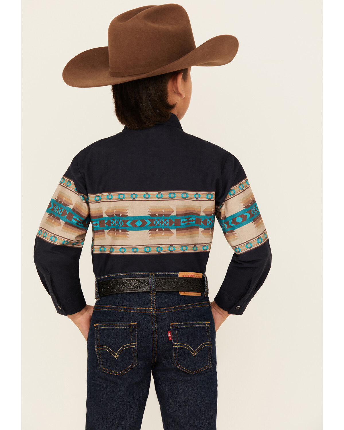 Image #4 - Roper Boys' Southwestern Border Print Long Sleeve Pearl Snap Western Shirt, Blue, hi-res