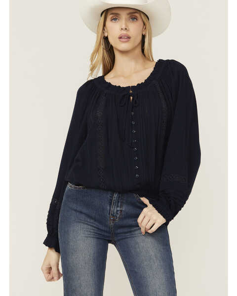 Image #1 - Wild Moss Women's Lace Detail Peasant Top, Navy, hi-res