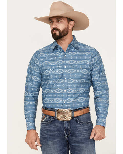 Image #1 - Ely Walker Men's Southwestern Print Long Sleeve Pearl Snap Western Shirt, Blue, hi-res