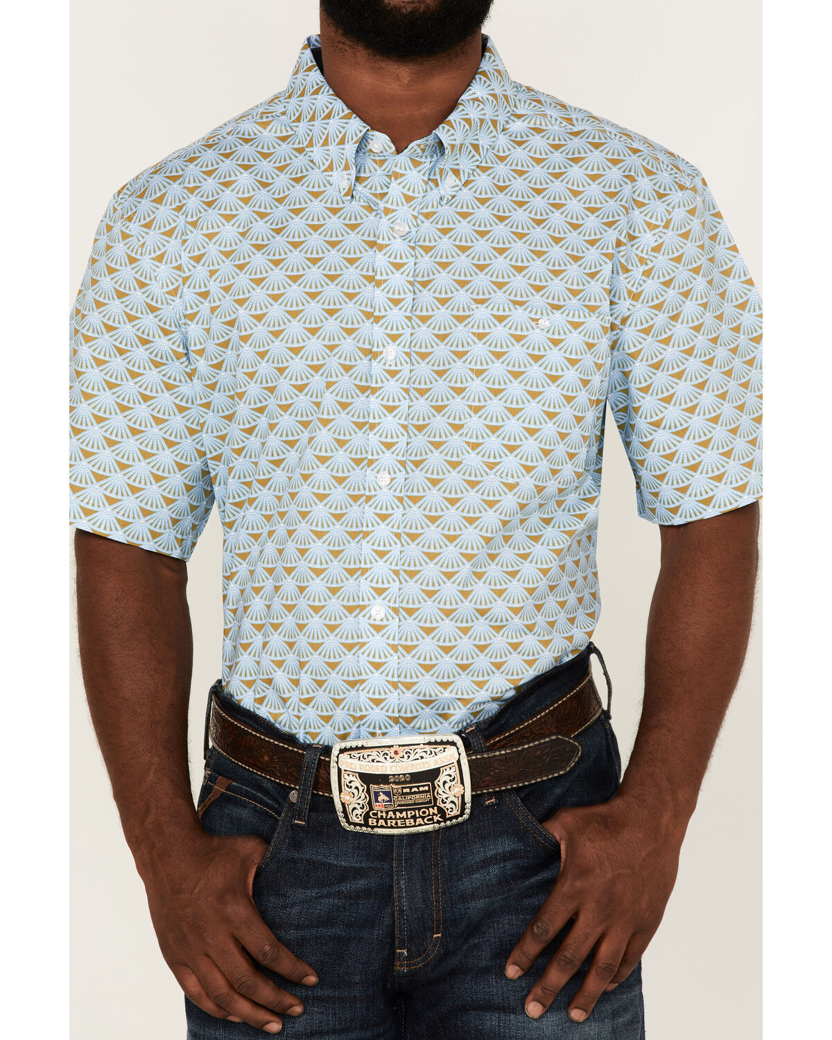 Image #3 - RANK 45® Men's Arena Allover Print Short Sleeve Button-Down Western Shirt, Light Blue, hi-res