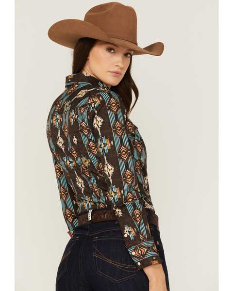 Image #4 - Panhandle Women's Southwestern Print Long Sleeve Snap Western Shirt, Brown, hi-res